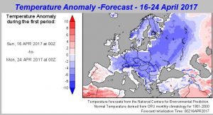 Temperature Anomalies Forecast from 16th of April to 24th of April 2017