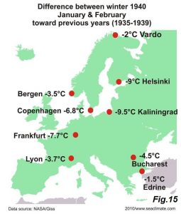 Difference between winter 1940 January and February toward previous years from 1935 to 1939