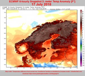 ECMWF 6-hourly Snapshot 2-meter Temp Anomaly in Fahrenheit from 17th of July 2018