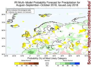IRI Multi-Model Probability Forecast for Precipitation for August, September and October 2018, issued on July 2018