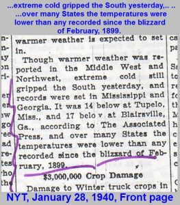 Extreme cold gripped the South from the front page of New York Times on 28th of January 1940