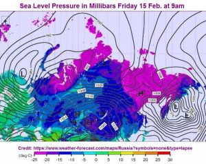 Sea Level Pressure in Millibars Friday, the 15th of February at 9 a.m.