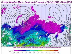 Russia Weather Map with the Sea Level Pressure from 28th of February 2019 at 9 a.m. MSK